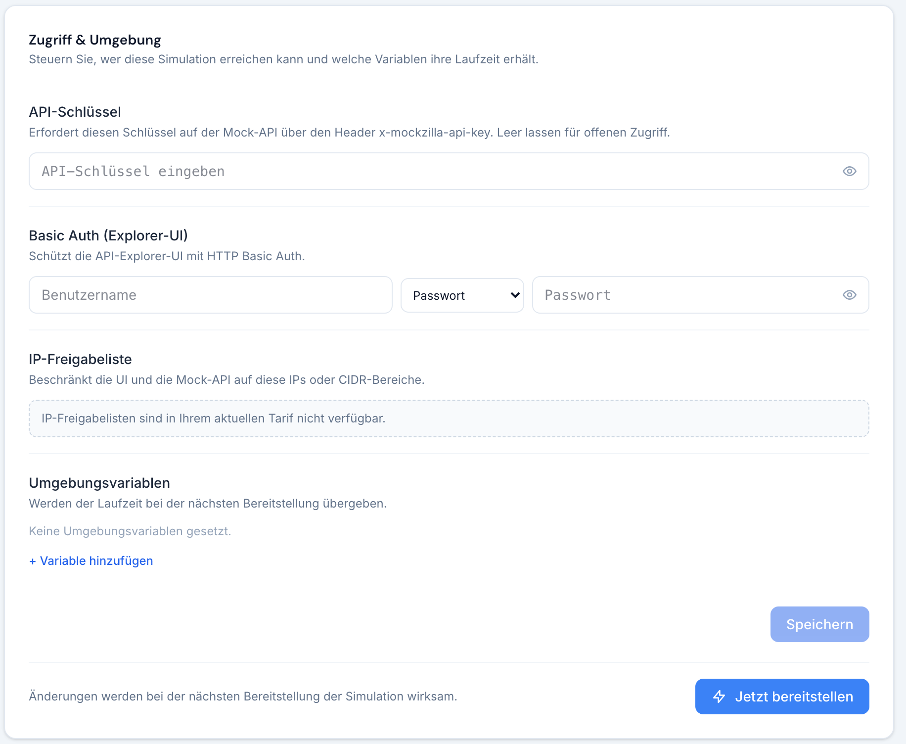 Die Seite Zugriff und Variablen: API-Schlüssel, Basic Auth für die Explorer-UI, die gesperrte IP-Freigabeliste und Umgebungsvariablen