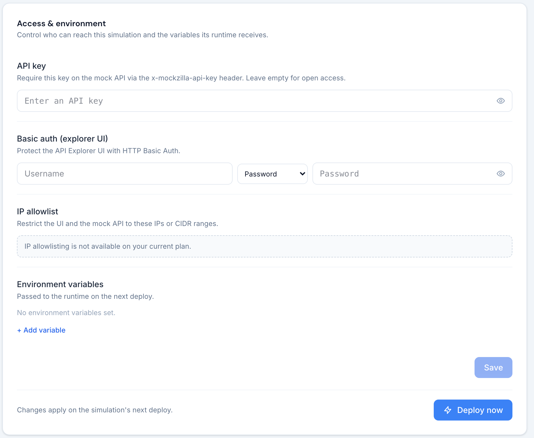 The Access and Variables page: API key, basic auth for the explorer UI, the locked IP allowlist and environment variables