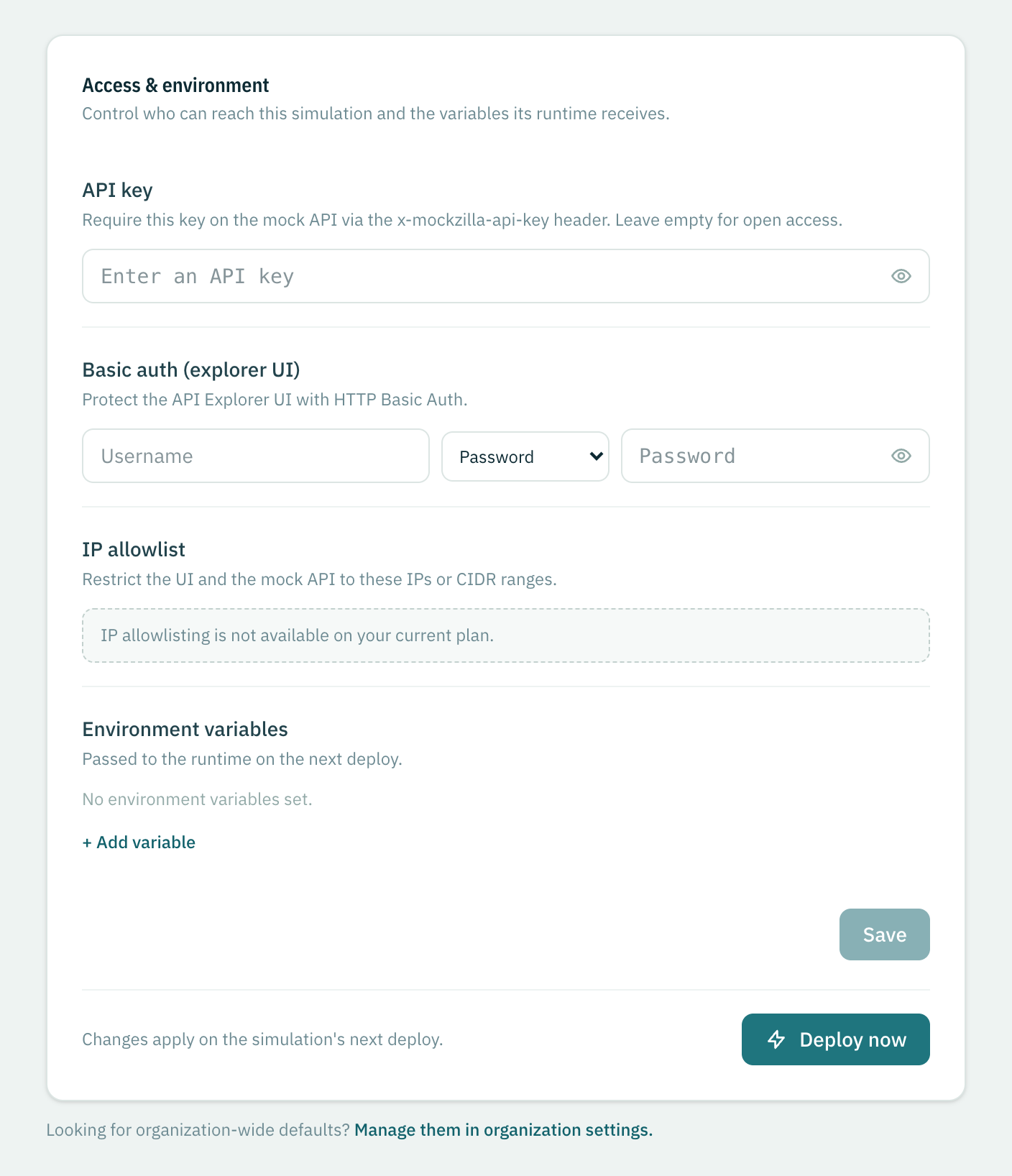 The Access and Variables page: API key, basic auth for the explorer UI, the locked IP allowlist and environment variables