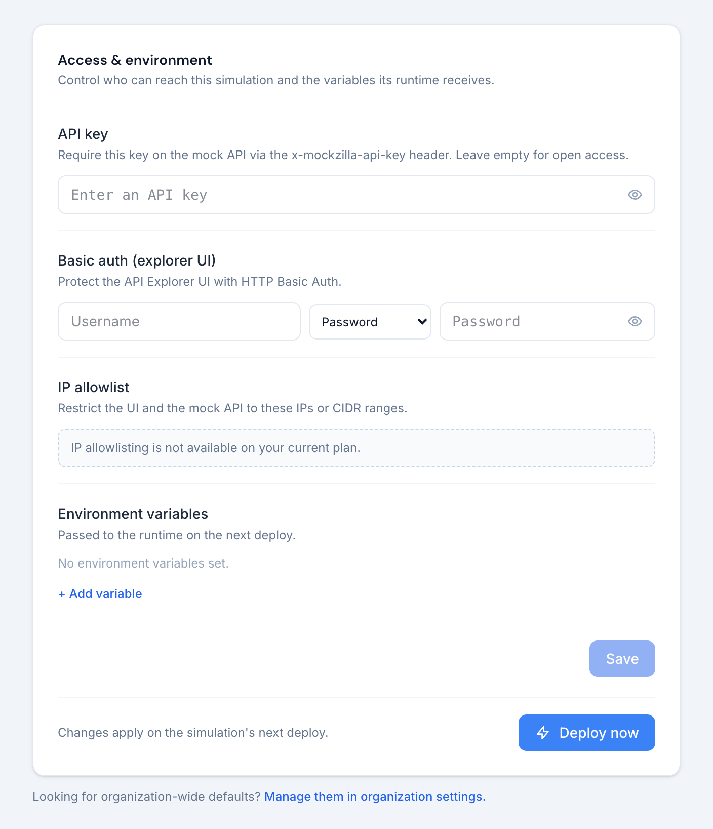The Access and Variables page: API key, basic auth for the explorer UI, the locked IP allowlist and environment variables