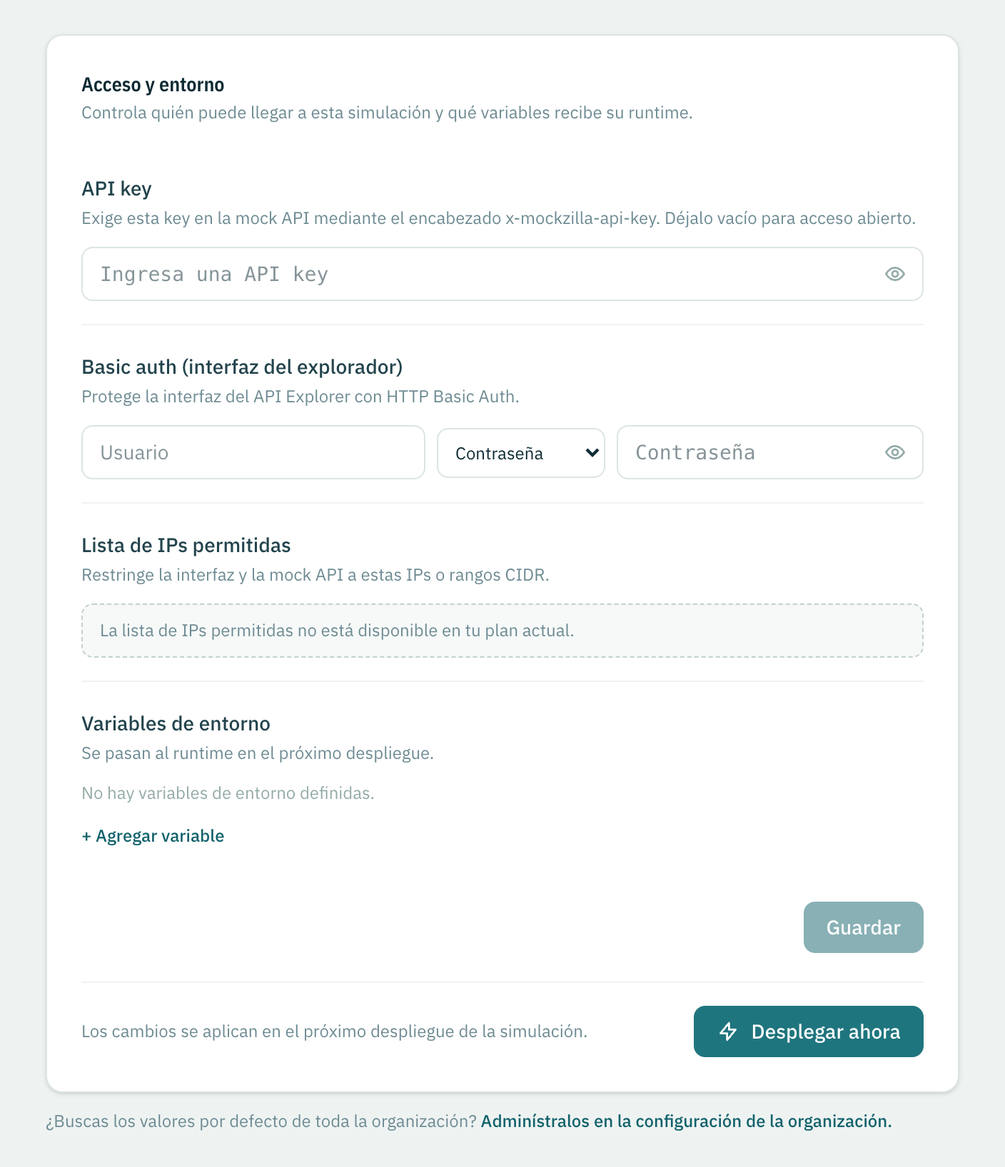 La página Acceso y variables: API key, basic auth para la interfaz del explorador, la lista de IPs bloqueada y las variables de entorno