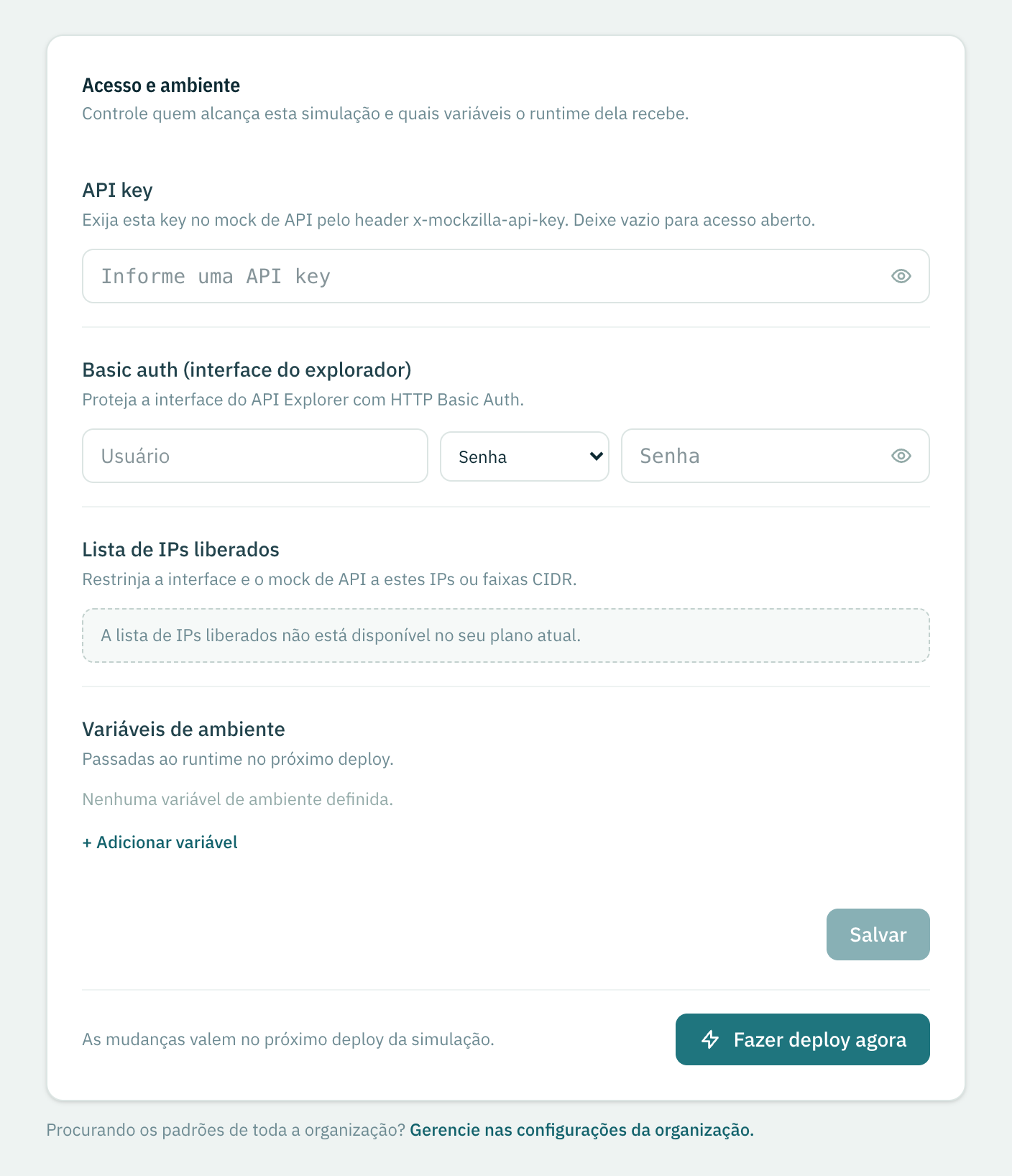 A página Acesso e variáveis: API key, basic auth para a interface do explorador, a lista de IPs travada e as variáveis de ambiente