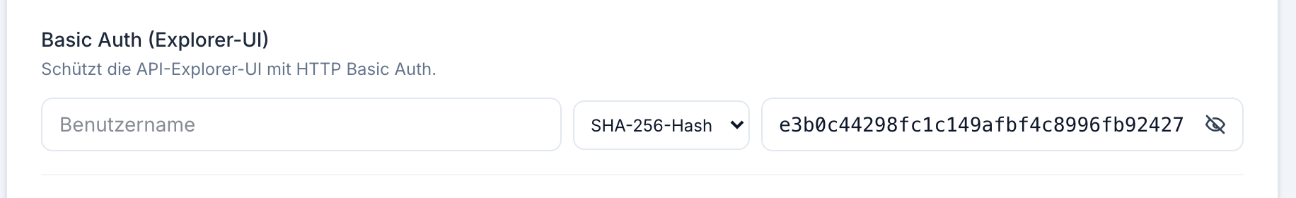 Die Basic-Auth-Zeile mit gewähltem SHA-256-Hash-Modus und einem eingefügten 64-stelligen Digest