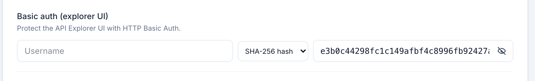 The basic auth row with SHA-256 hash mode selected and a 64-character digest filled in