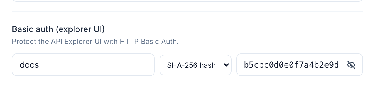 The basic auth row with SHA-256 hash mode selected and a 64-character digest filled in