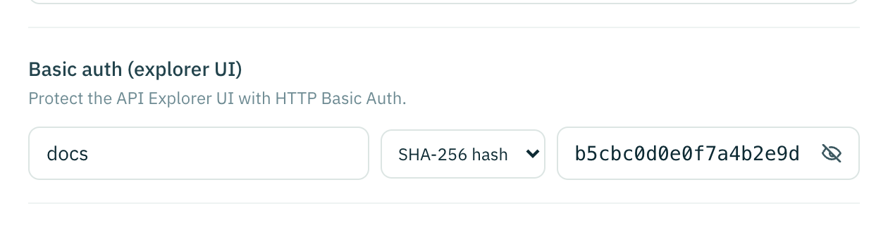 The basic auth row with SHA-256 hash mode selected and a 64-character digest filled in