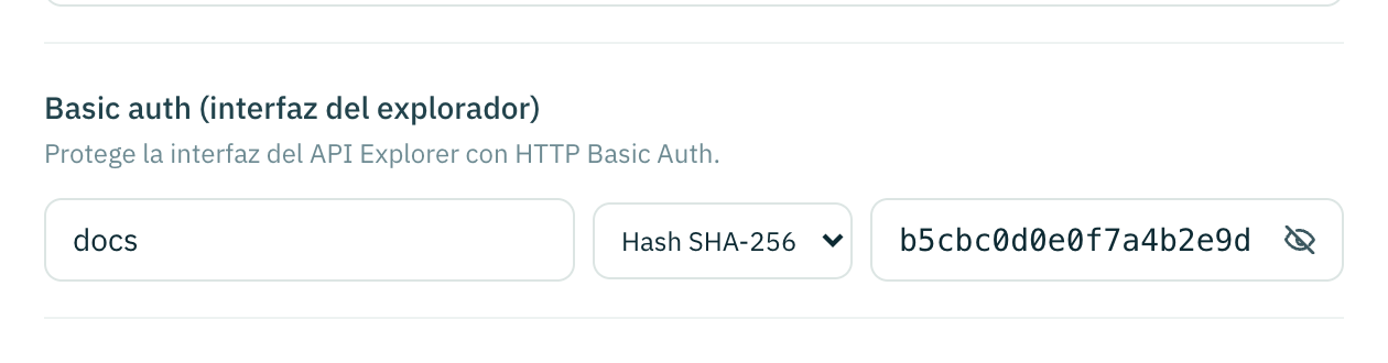 La fila de basic auth con el modo hash SHA-256 elegido y un resumen de 64 caracteres completado