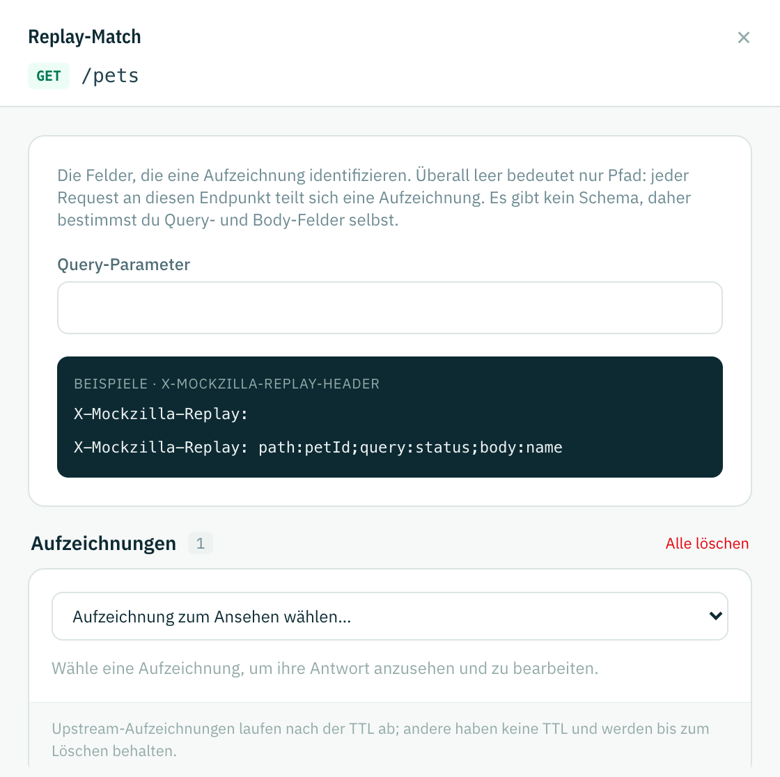 Die Replay-Match-Leiste: Eingaben für Query- und Body-Felder, der Body-Feldname als Chip und Beispiele für den X-Mockzilla-Replay-Header
