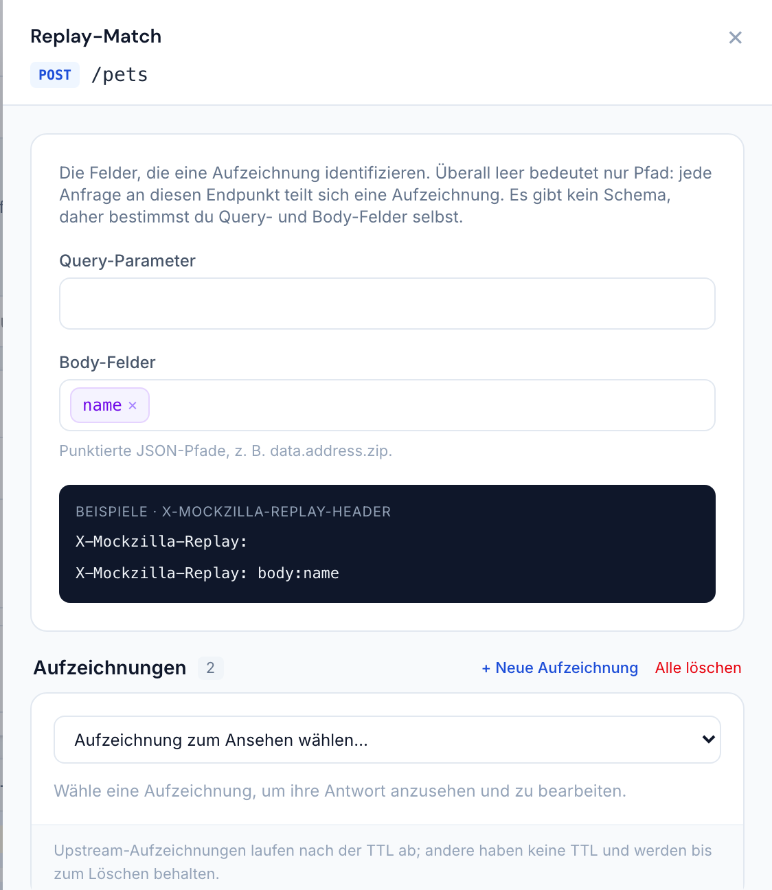 Das Replay-Match-Panel: Eingaben für Query- und Body-Felder, das Body-Feld name als Chip und X-Mockzilla-Replay-Header-Beispiele