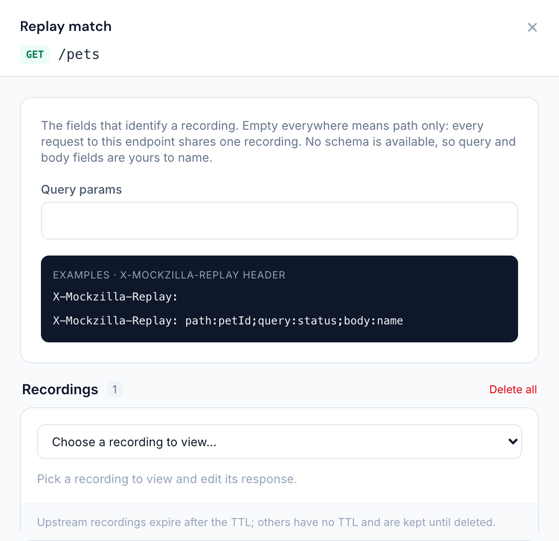 The Replay match drawer: query and body field inputs, the body field name as a chip, and X-Mockzilla-Replay header examples