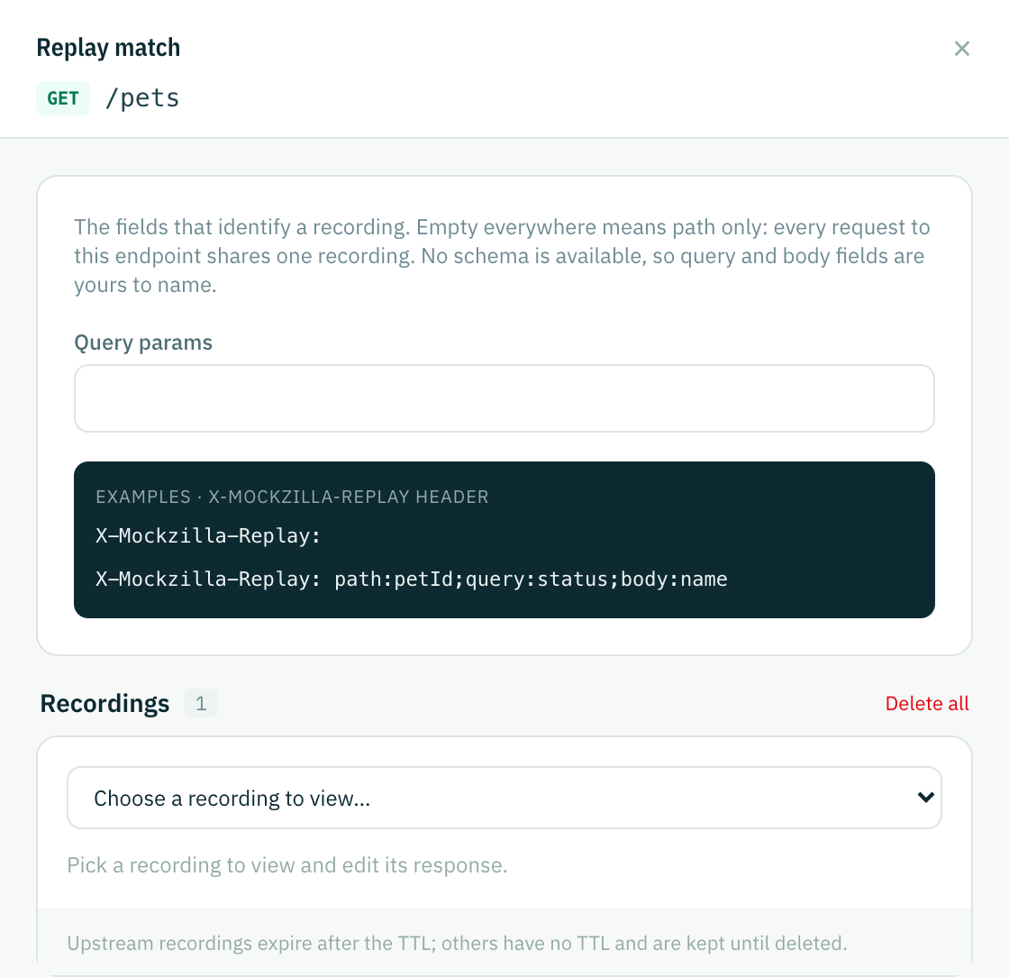 The Replay match drawer: query and body field inputs, the body field name as a chip, and X-Mockzilla-Replay header examples