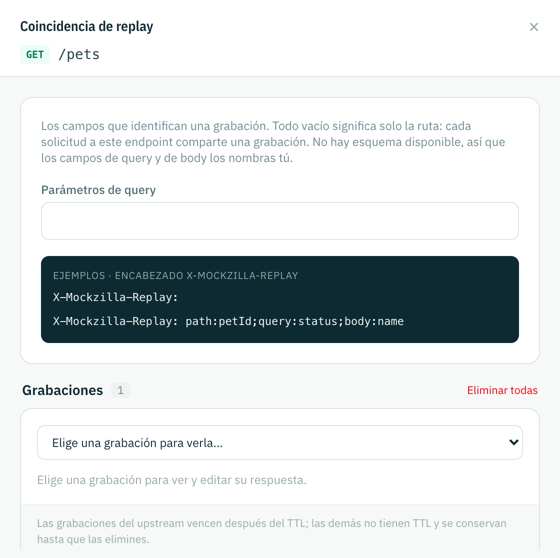 El panel Coincidencia de replay: campos de query y de body, el nombre del campo del body como chip, y ejemplos del encabezado X-Mockzilla-Replay