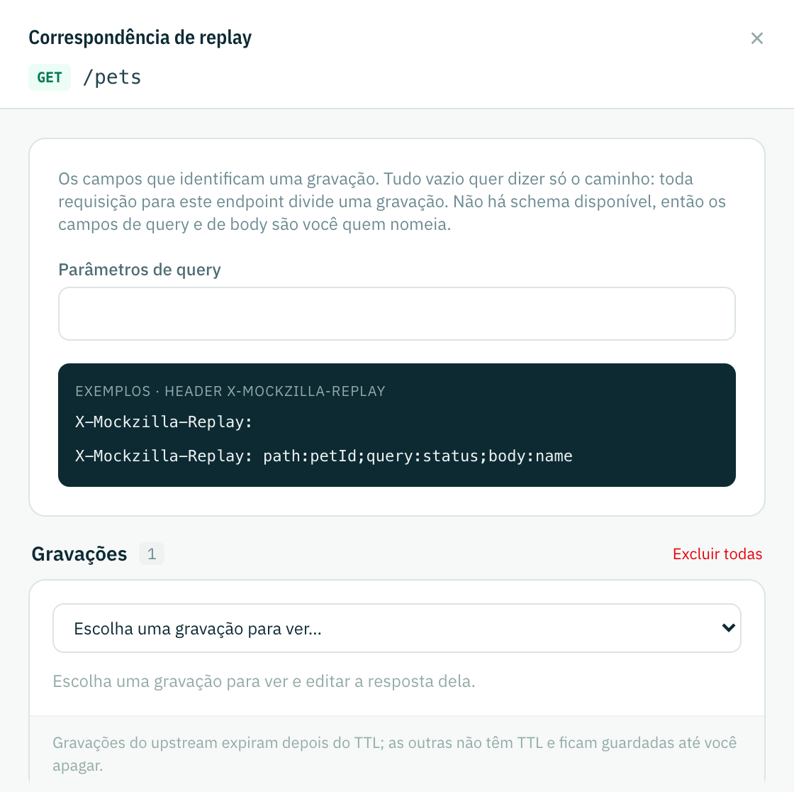 O painel Correspondência de replay: campos de query e de body, o nome do campo do body como chip, e exemplos do header X-Mockzilla-Replay