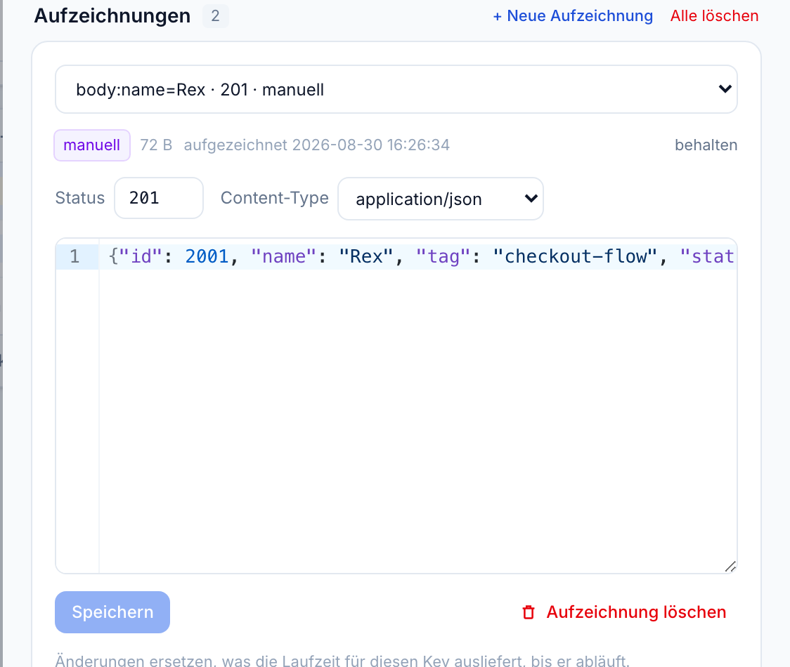 Eine geöffnete Aufzeichnung: Match-Werte im Auswahlfeld, Chip manuell, Status 201, Inhaltstyp und der editierbare JSON-Antwortbody