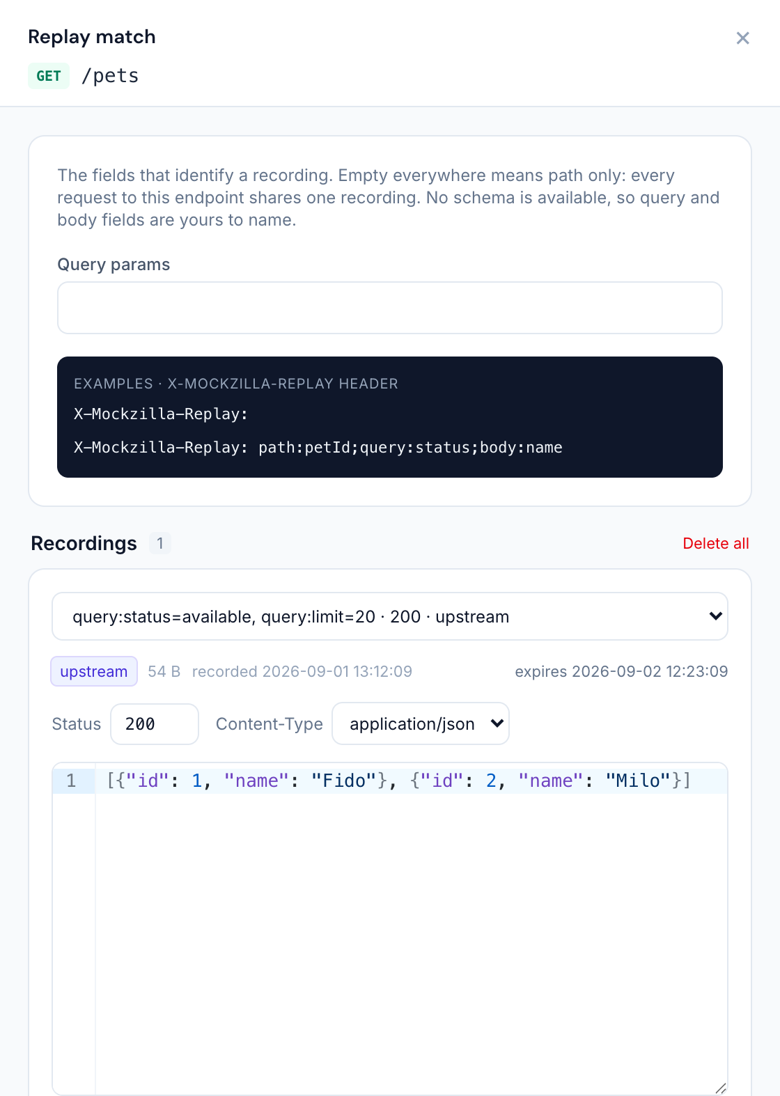A recording opened in the drawer: match values in the picker, manual source chip, status 201, content type and the editable JSON response body