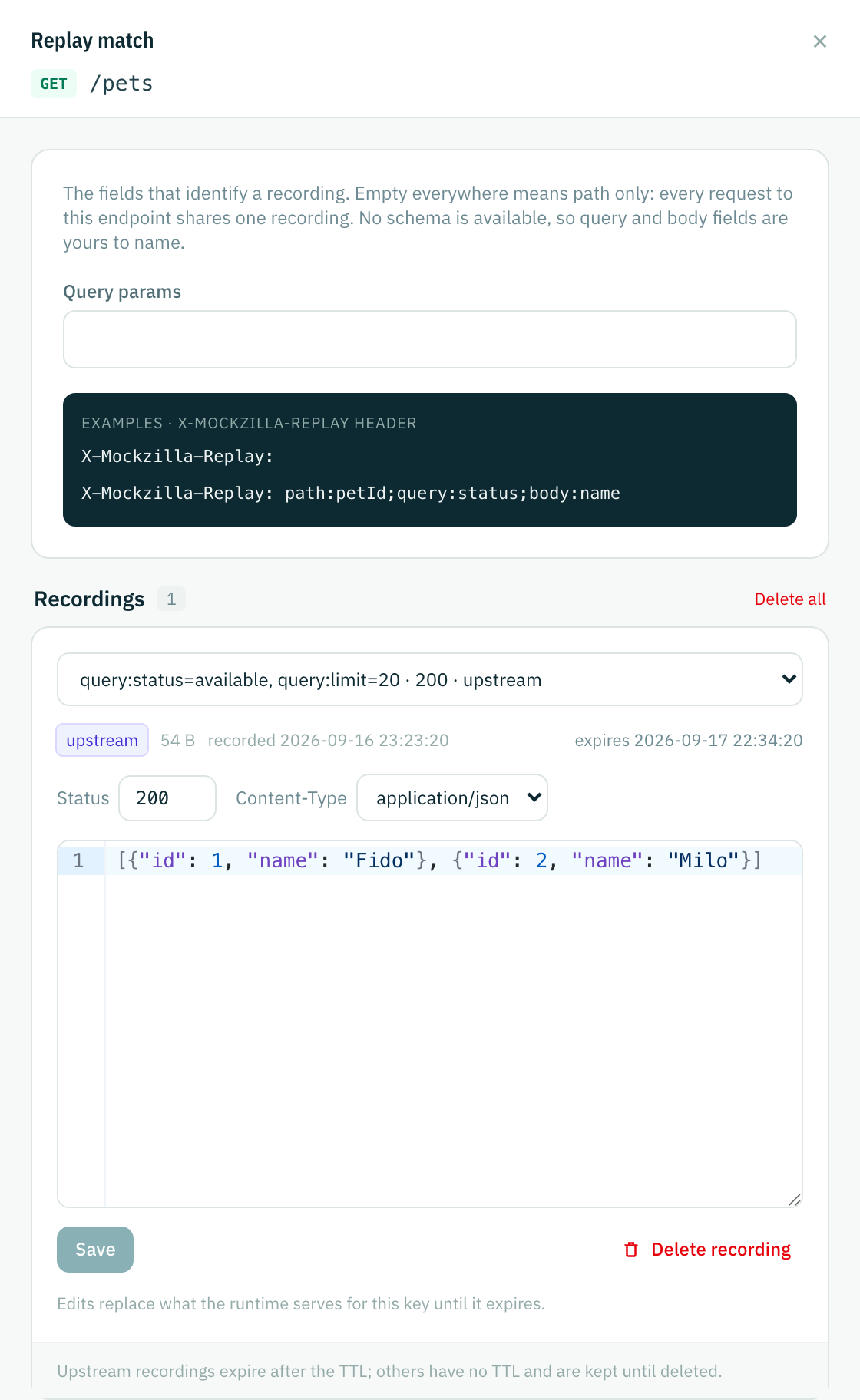 A recording opened in the drawer: match values in the picker, manual source chip, status 201, content type and the editable JSON response body