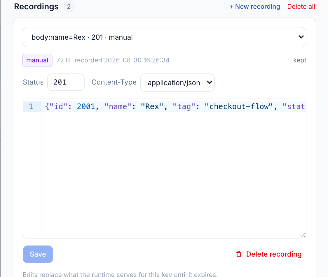 A recording opened in the drawer: match values in the picker, manual source chip, status 201, content type and the editable JSON response body