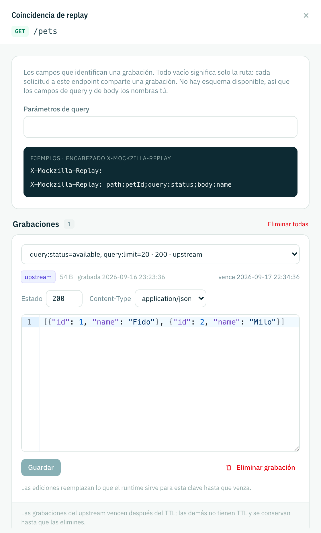 Una grabación abierta en el panel: los valores de coincidencia en el selector, el chip de origen manual, estado 201, tipo de contenido y el cuerpo JSON editable de la respuesta