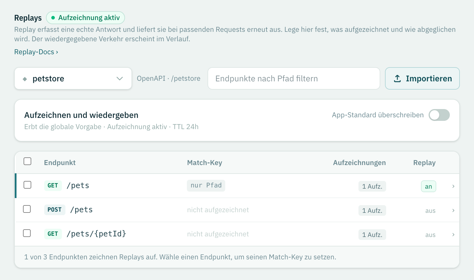 Die Replays-Ansicht: Plakette Aufzeichnung aktiv, Replay-Einstellungen des Service mit Auto-Replay, Nur Upstream und TTL, und die Endpunkttabelle mit Match-Key-Chips und Aufzeichnungszahlen