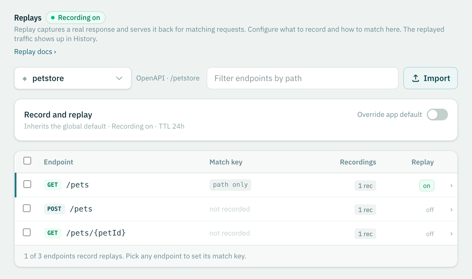 The Replays view: recording pill, service replay settings with auto-replay, upstream-only and TTL, and the endpoint table with match key chips and recording counts