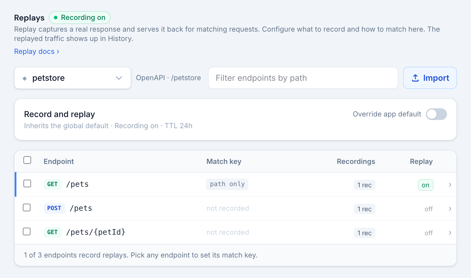 The Replays view: recording pill, service replay settings with auto-replay, upstream-only and TTL, and the endpoint table with match key chips and recording counts