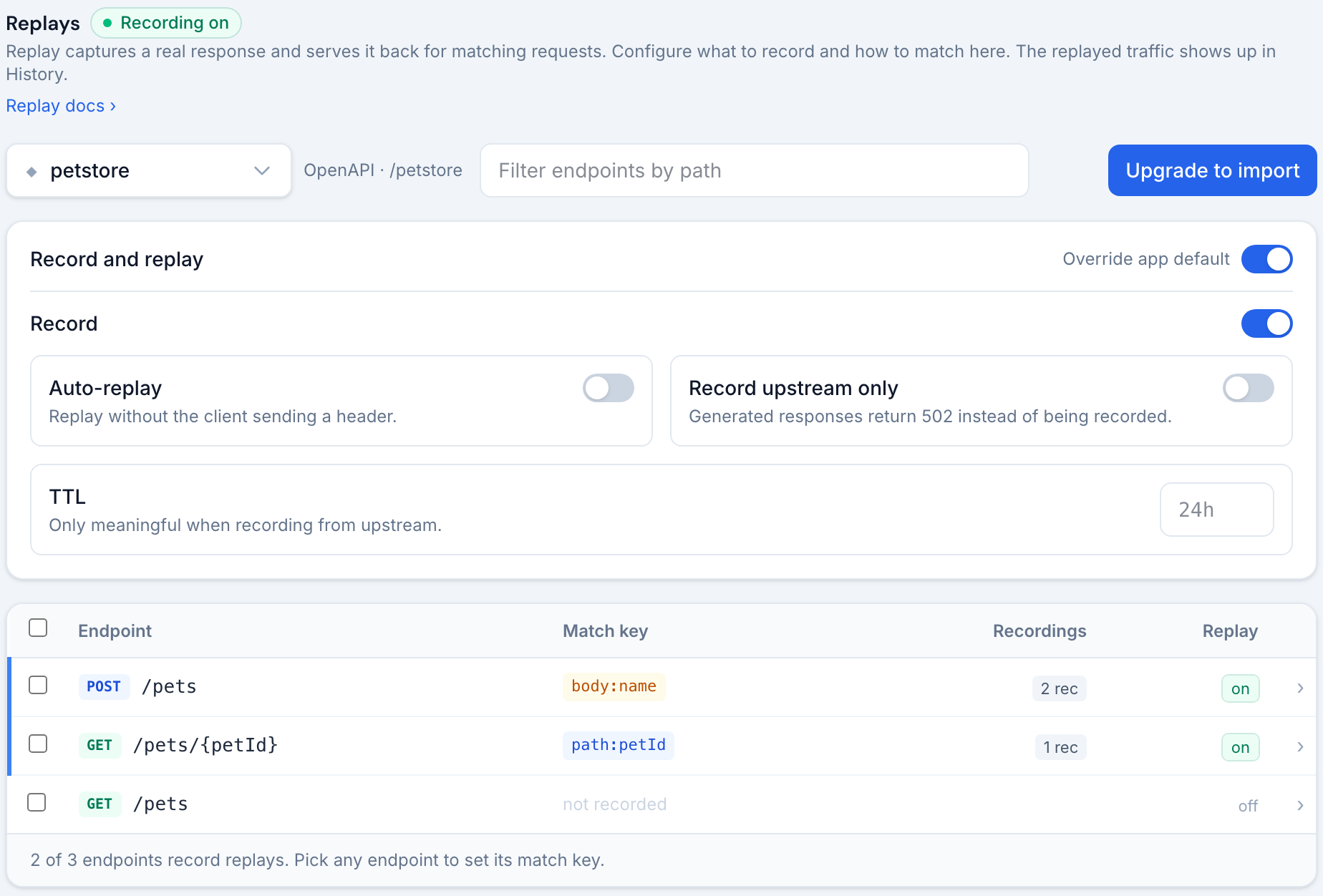 The Replays view: recording pill, service replay settings with auto-replay, upstream-only and TTL, and the endpoint table with match key chips and recording counts