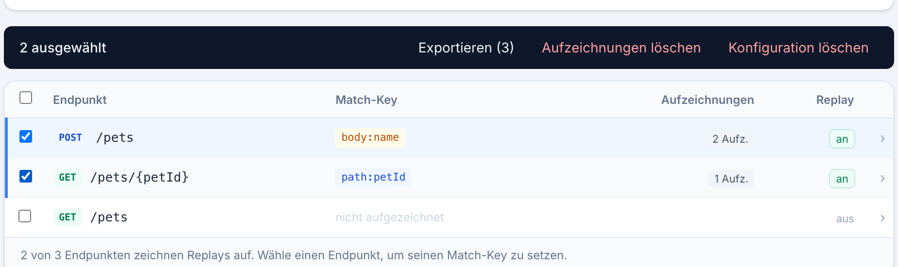Die Bulk-Leiste über der Endpunkttabelle: 2 ausgewählt, Exportieren mit 3 Aufzeichnungen, Aufzeichnungen löschen und Konfiguration löschen