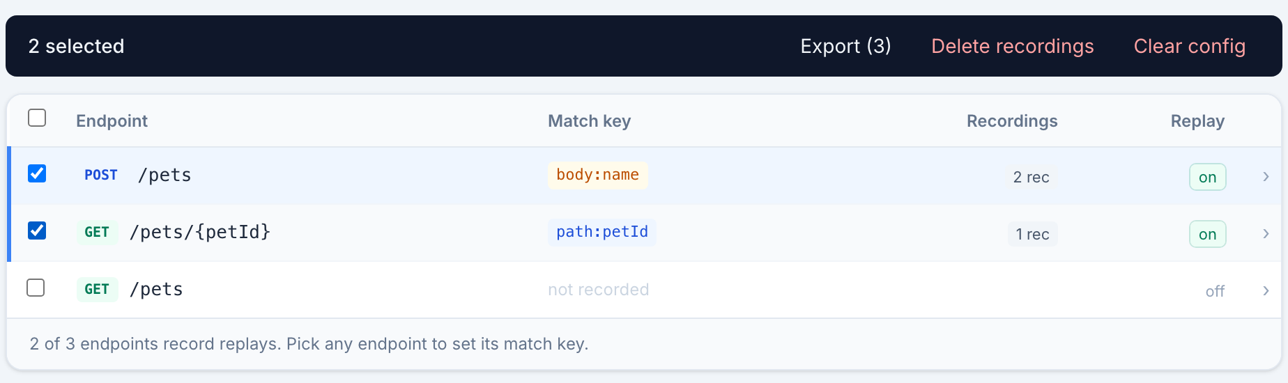 The bulk bar over the endpoint table: 2 selected, Export with 3 recordings, Delete recordings and Clear config