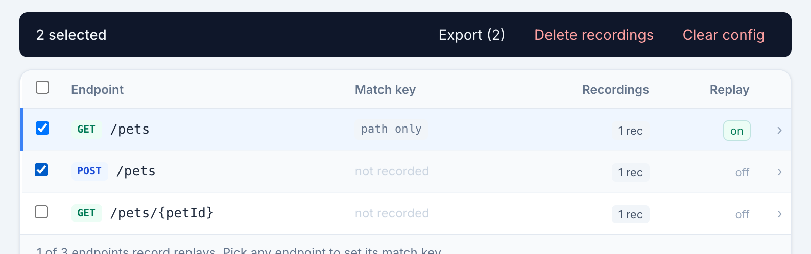 The bulk bar over the endpoint table: 2 selected, Export with 3 recordings, Delete recordings and Clear config