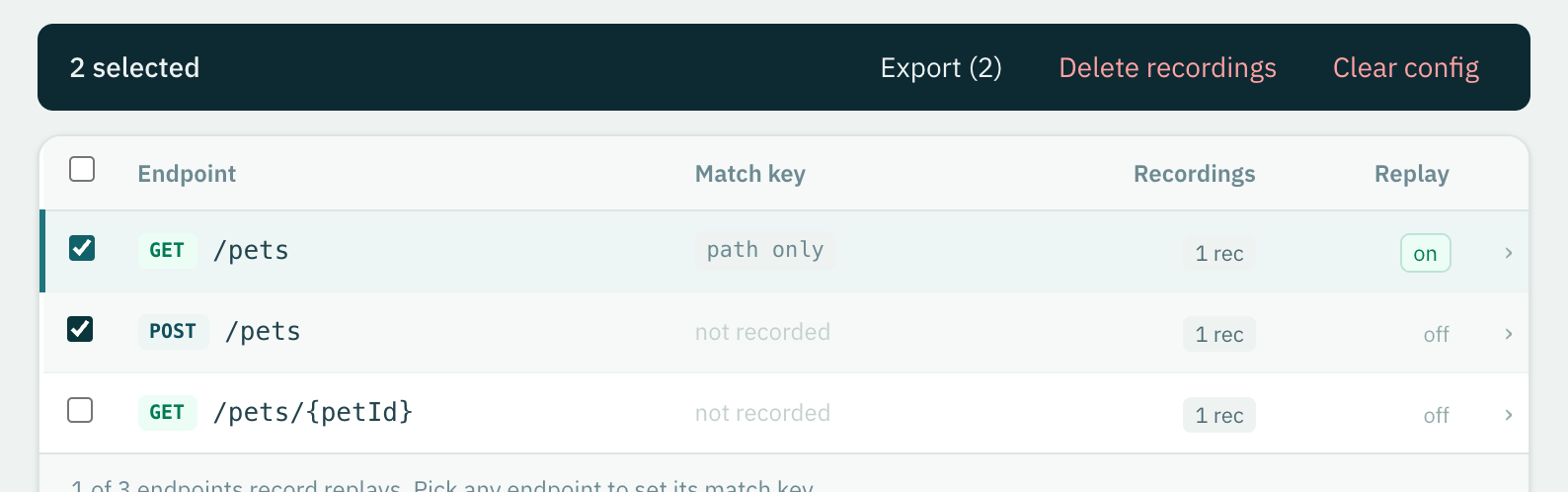 The bulk bar over the endpoint table: 2 selected, Export with 3 recordings, Delete recordings and Clear config