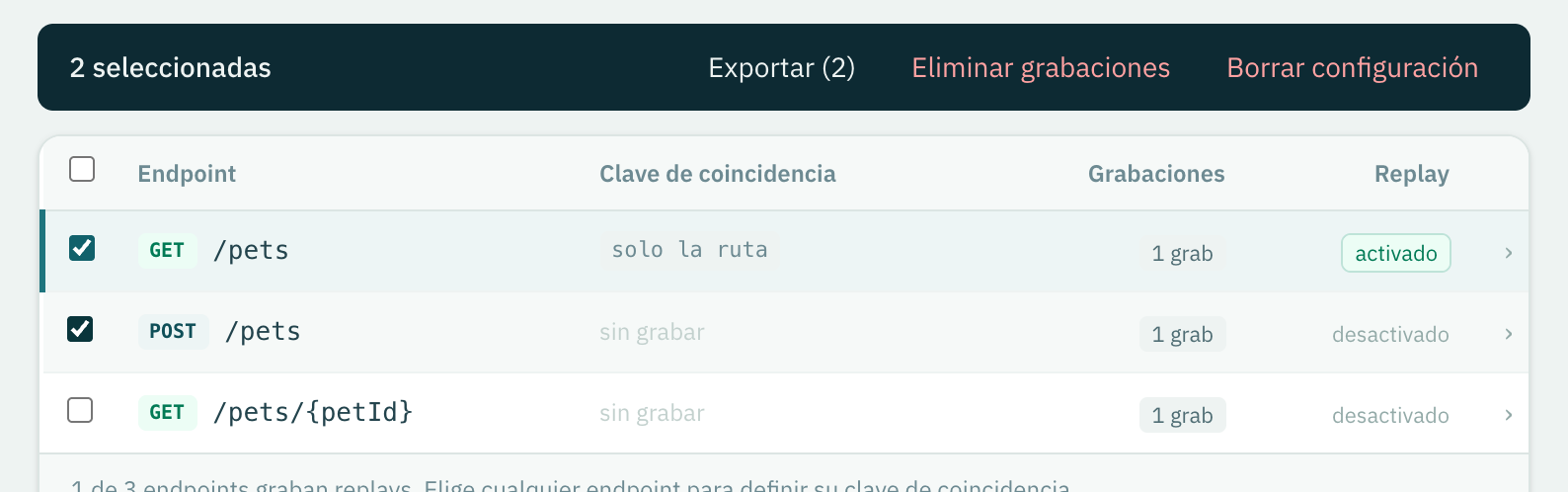 La barra de acciones sobre la tabla de endpoints: 2 seleccionados, Exportar con 3 grabaciones, Eliminar grabaciones y Limpiar configuración