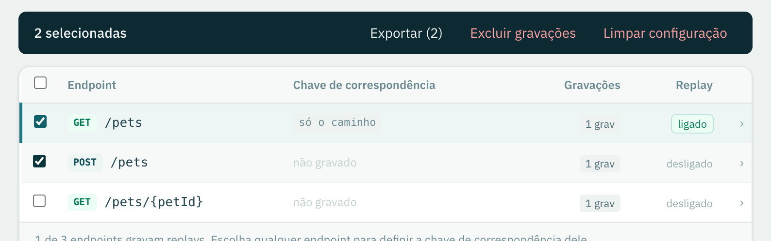 A barra de ações acima da tabela de endpoints: 2 selecionados, Exportar com 3 gravações, Excluir gravações e Limpar configuração