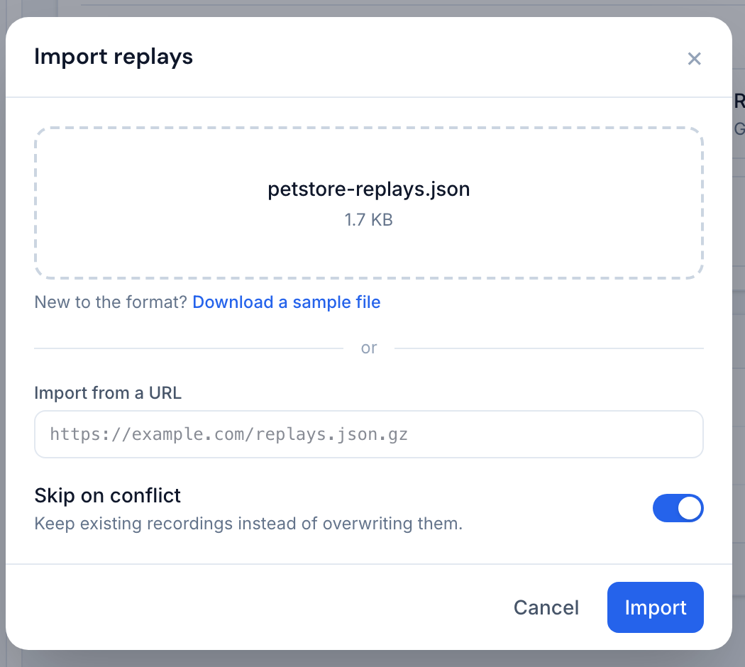 The Import replays dialog with a picked file, the sample file link, a URL field and the Skip on conflict toggle