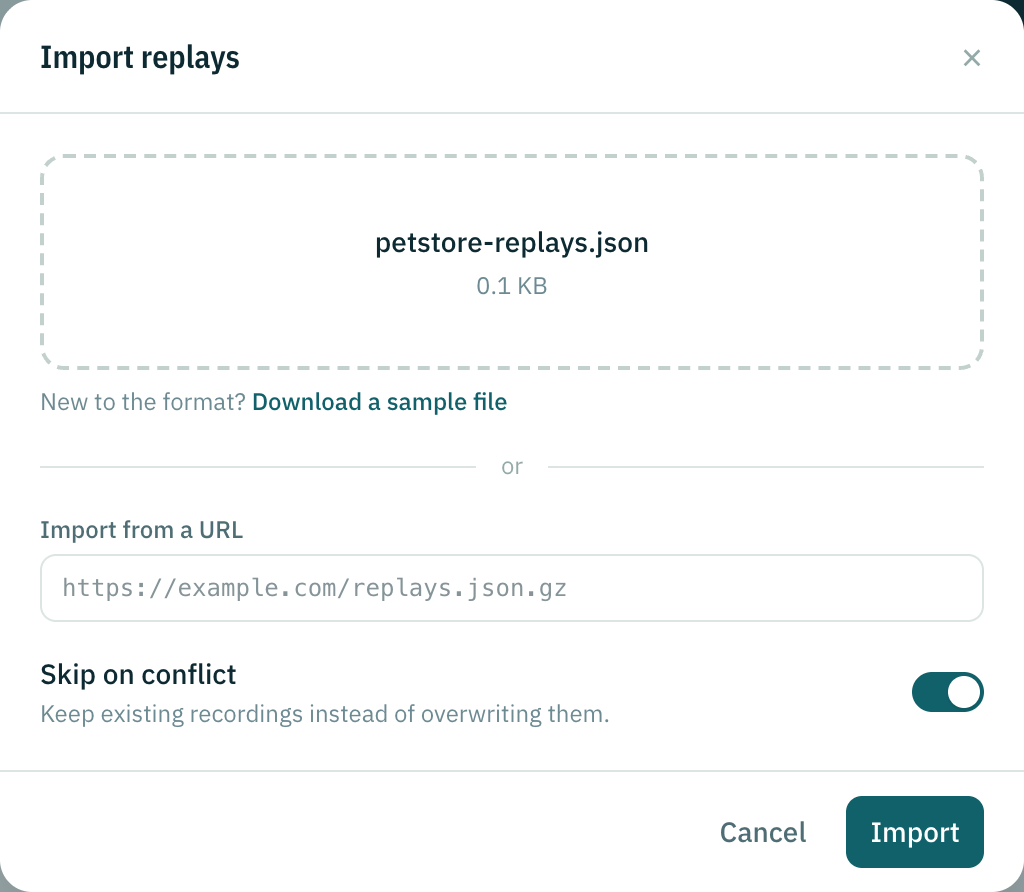 The Import replays dialog with a picked file, the sample file link, a URL field and the Skip on conflict toggle