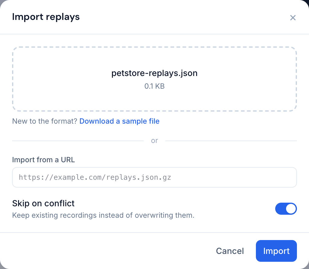 The Import replays dialog with a picked file, the sample file link, a URL field and the Skip on conflict toggle
