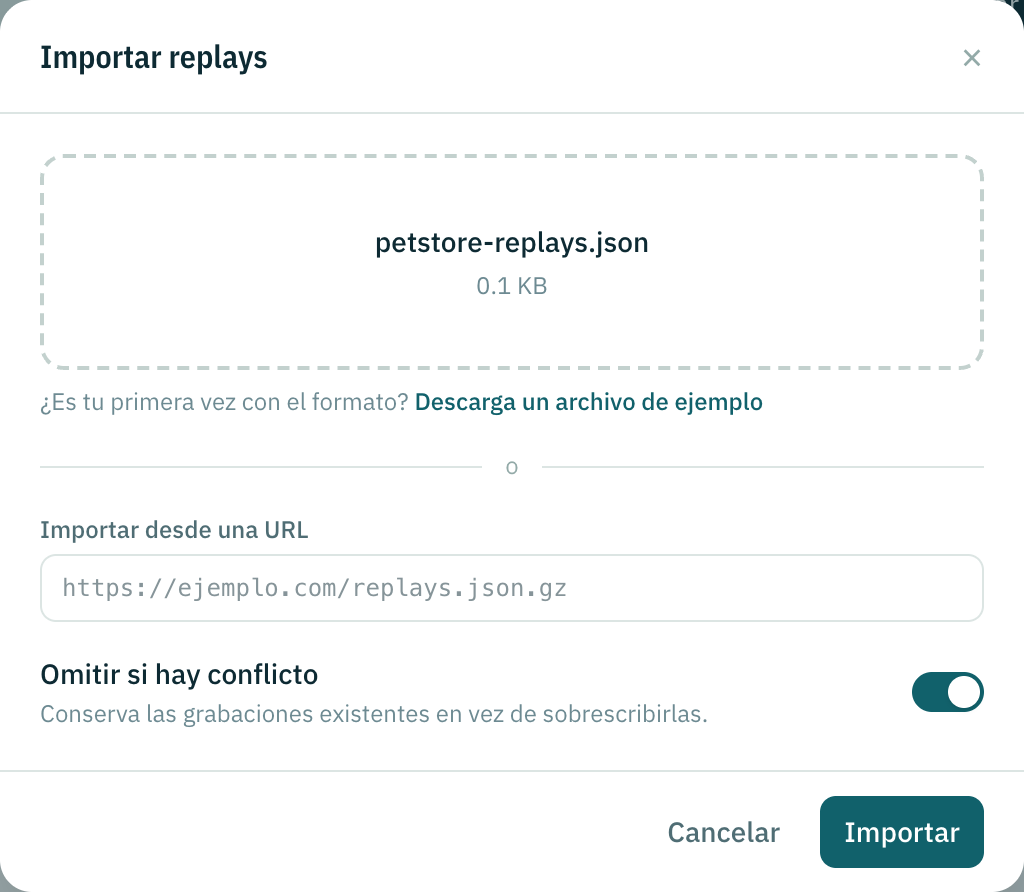 El diálogo Importar replays con un archivo elegido, el enlace al archivo de ejemplo, un campo de URL y el interruptor Omitir si hay conflicto