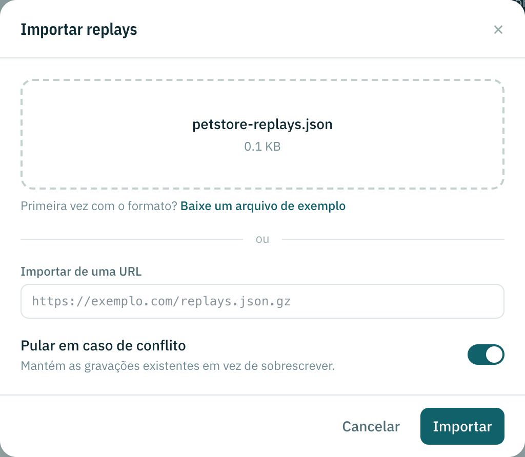 O diálogo Importar replays com um arquivo escolhido, o link do arquivo de exemplo, um campo de URL e a chave Pular em caso de conflito