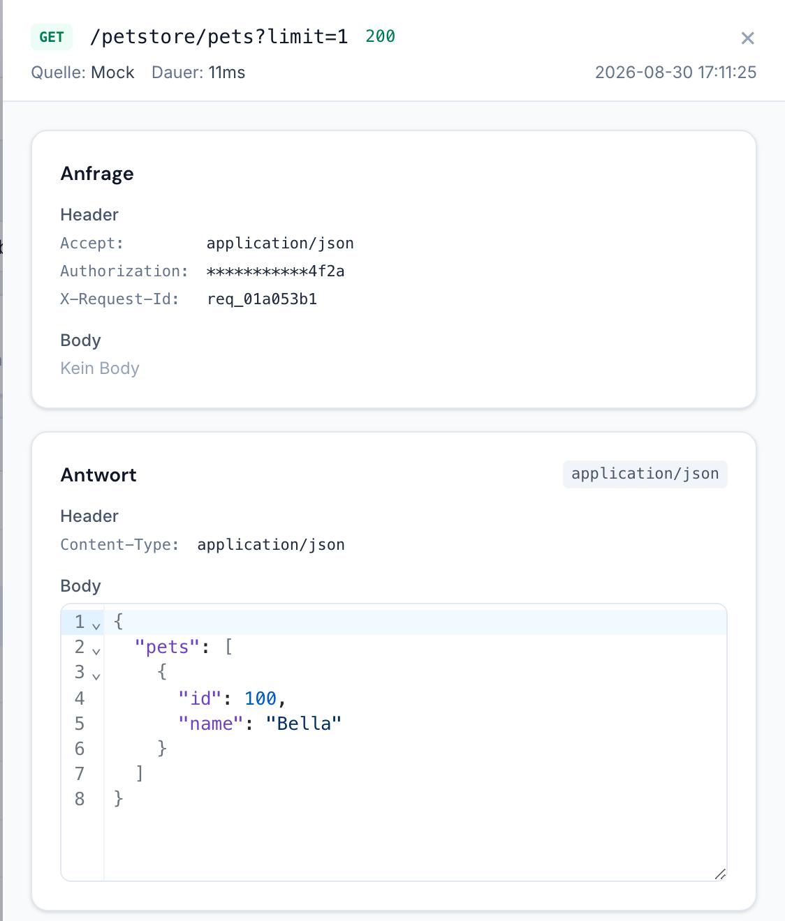 Eine geöffnete Anfrage in der Detailansicht: Anfrage-Header mit maskiertem Authorization-Wert, Antwort-Header und der formatierte JSON-Body