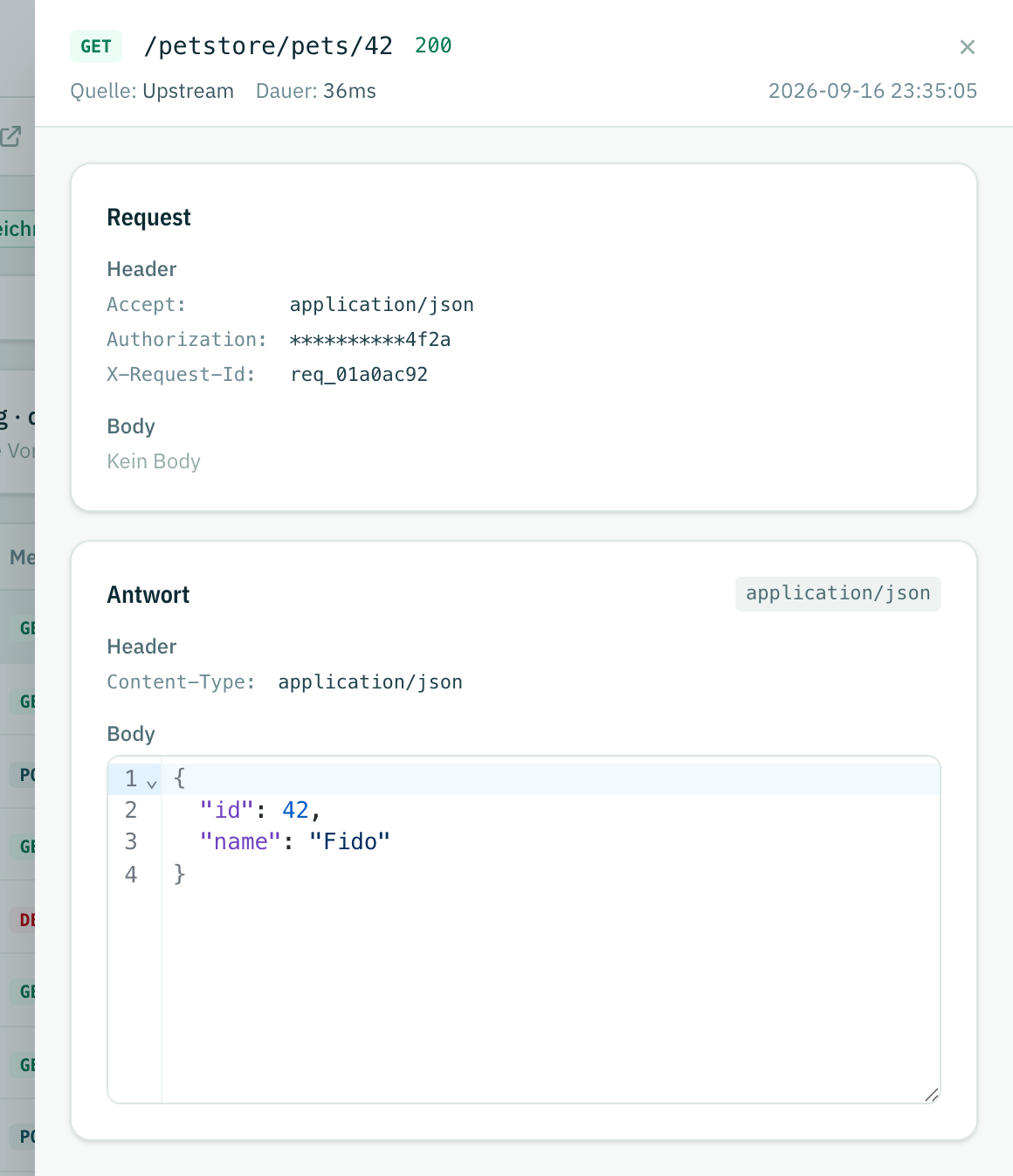 Ein geöffneter Request in der Detailansicht: Request-Header mit maskiertem Authorization-Wert, Antwort-Header und der formatierte JSON-Body