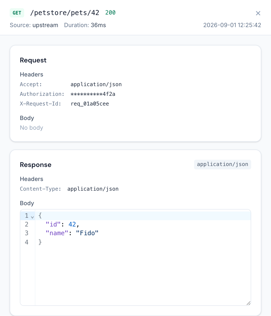 A request opened in the detail drawer: request headers with a masked Authorization value, response headers and the pretty-printed JSON body