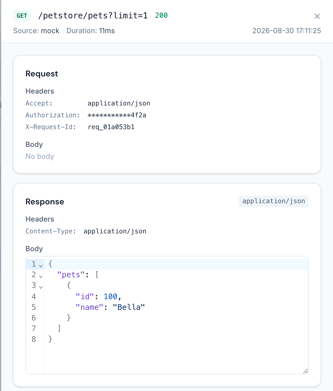 A request opened in the detail drawer: request headers with a masked Authorization value, response headers and the pretty-printed JSON body