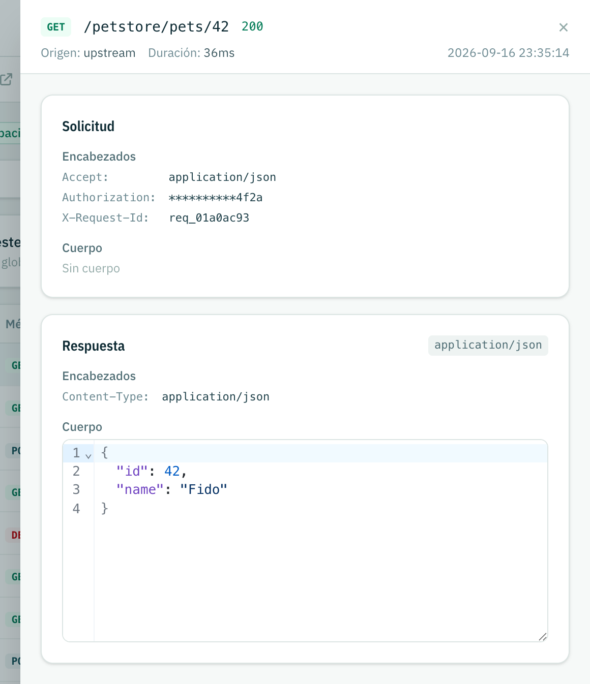 Una solicitud abierta en el panel de detalle: encabezados de la solicitud con un valor de Authorization enmascarado, encabezados de la respuesta y el cuerpo JSON formateado