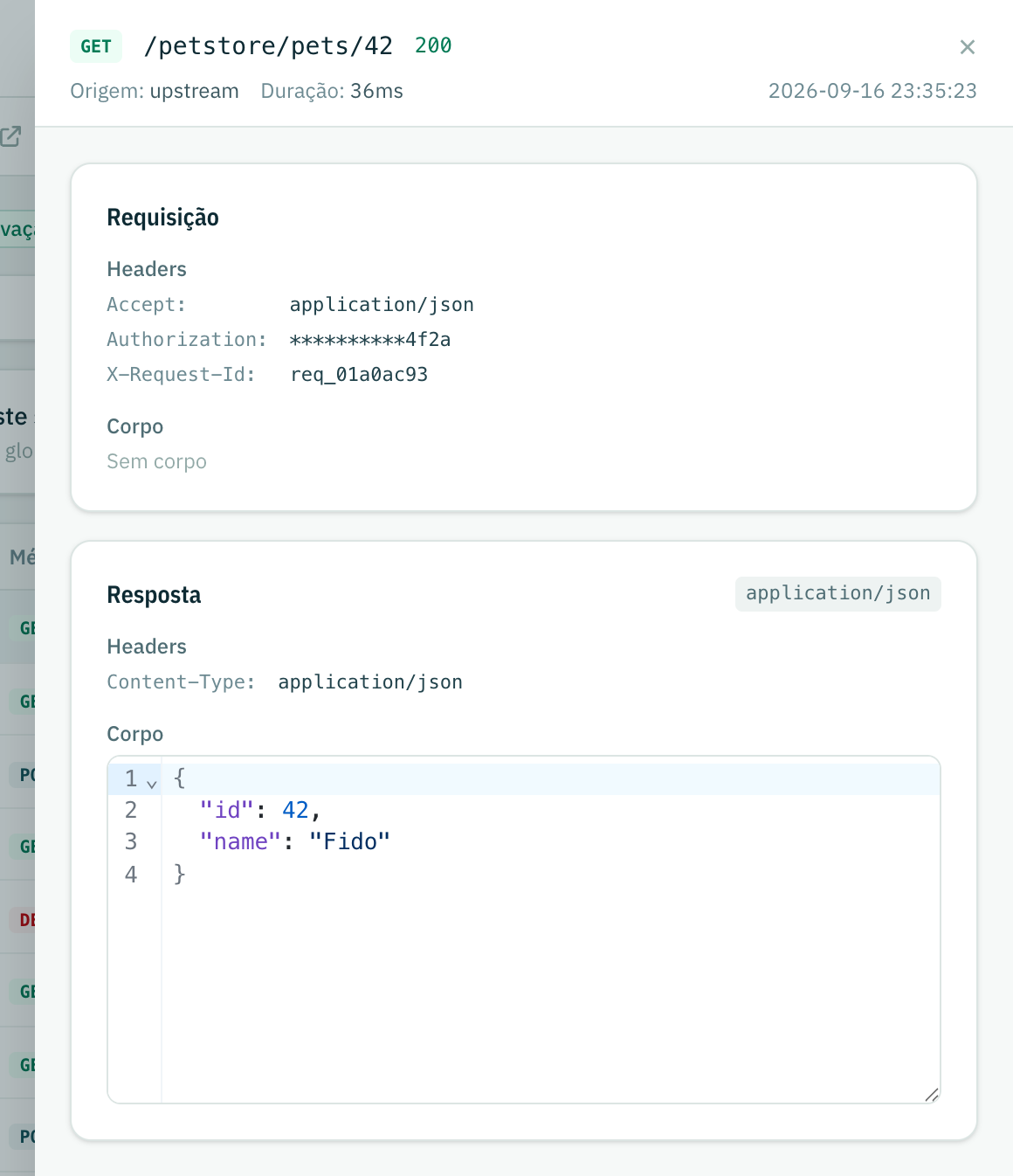 Uma requisição aberta no painel de detalhe: headers da requisição com um valor de Authorization mascarado, headers da resposta e o corpo JSON formatado