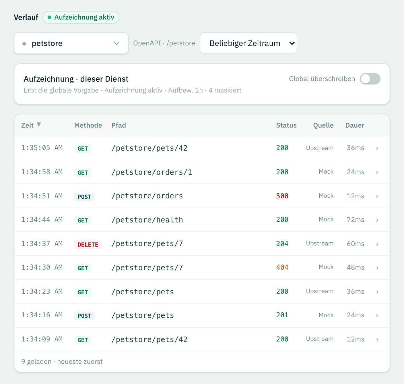Die Verlauf-Ansicht: Plakette Aufzeichnung aktiv, Service- und Zeitraumfilter, die geerbte Aufzeichnungskarte und eine Tabelle mit Status, Quelle und Dauer