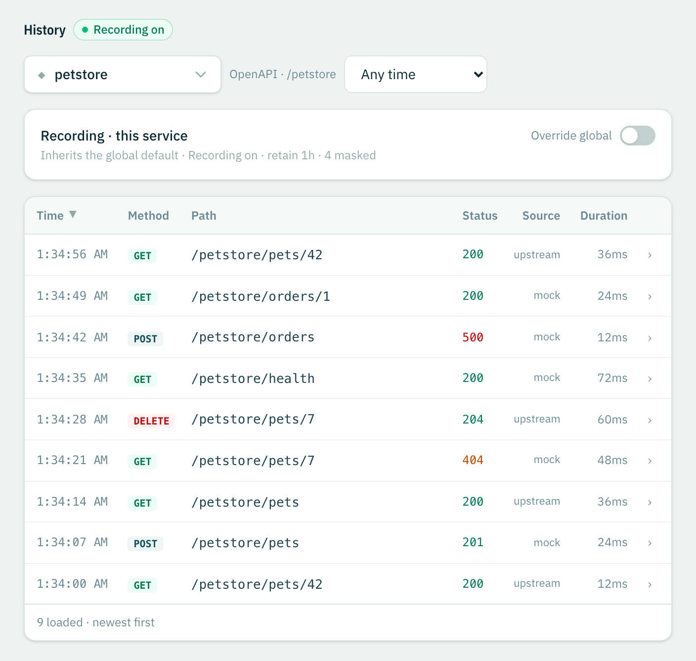 The History view: recording pill, service and time range filters, the inherited recording card and a table of requests with status, source and duration