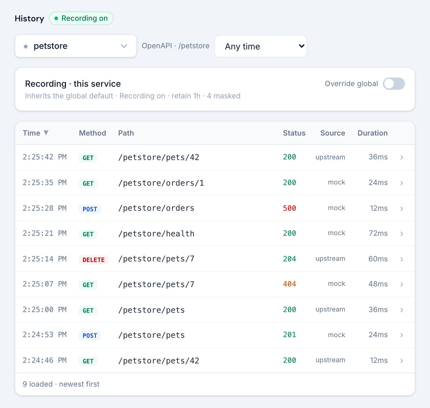 The History view: recording pill, service and time range filters, the inherited recording card and a table of requests with status, source and duration
