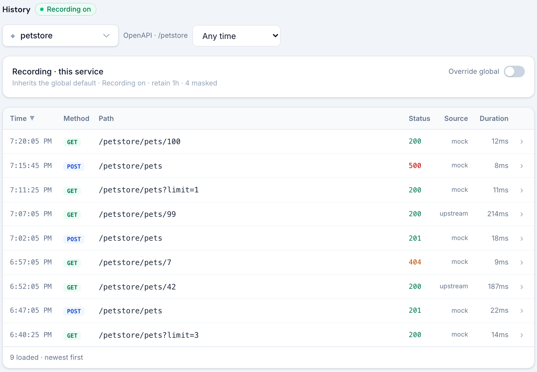 The History view: recording pill, service and time range filters, the inherited recording card and a table of requests with status, source and duration