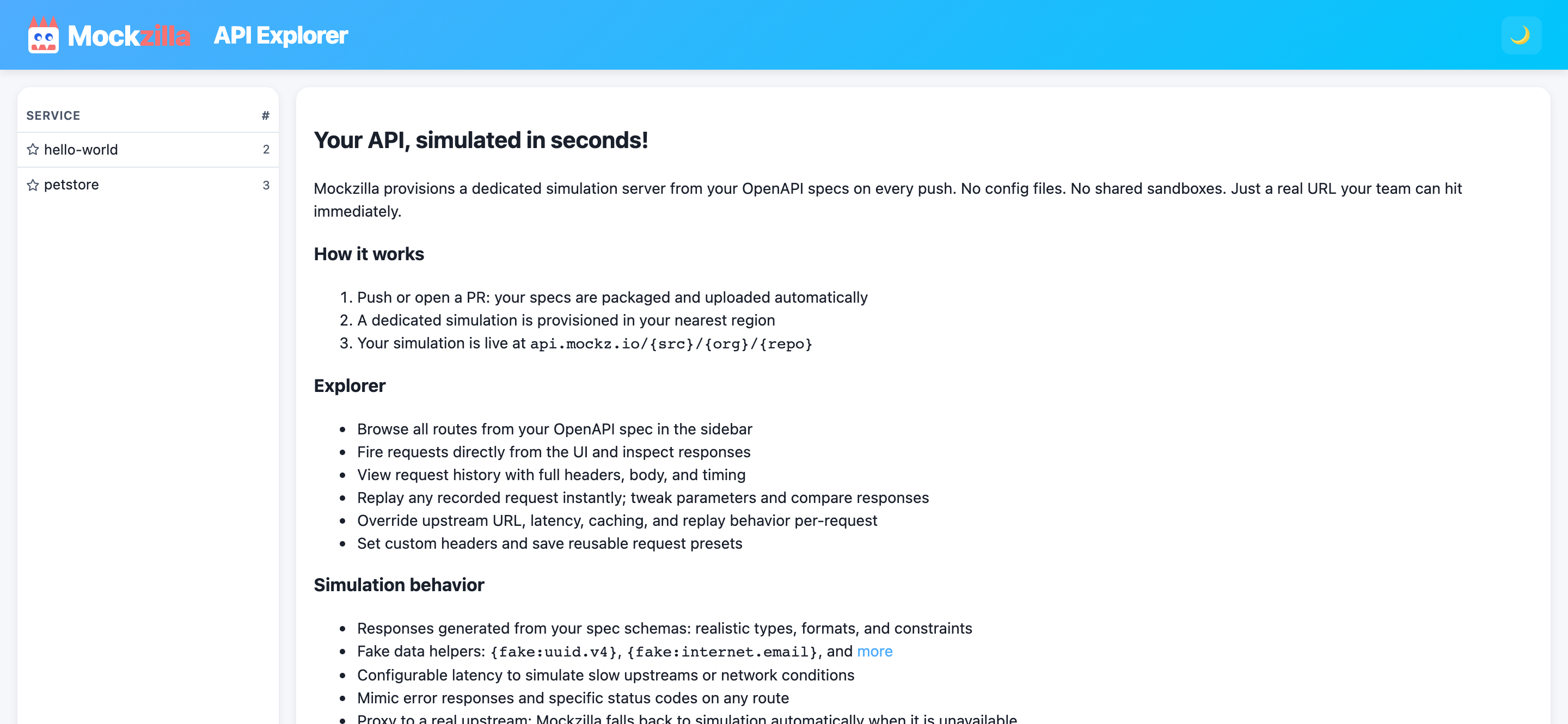 The API explorer of a locally running portable server, with the template's hello-world and petstore services in the sidebar