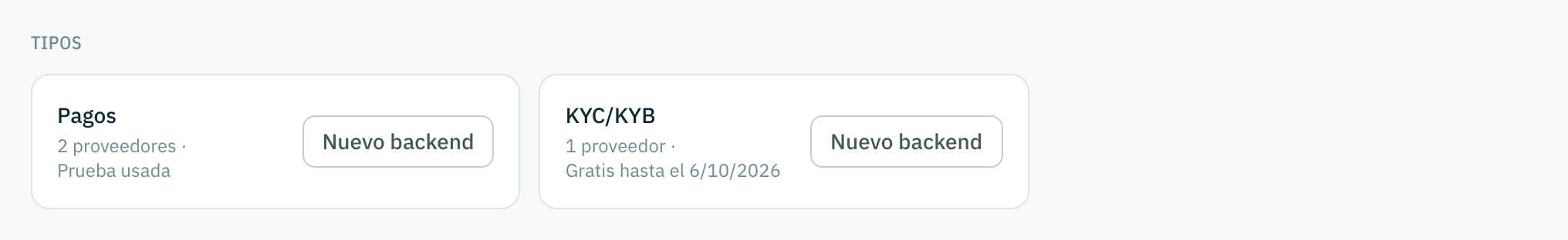 Cada tipo con su prueba gratuita y los proveedores que ya se tienen.