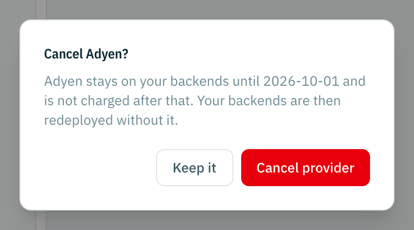 Cancelling a provider under Billing, with the date it ends.